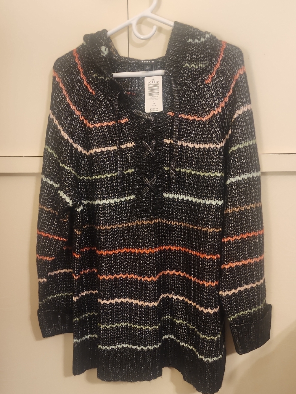 torrid Black Hooded Lace-Up Sweater with Orange, Green, Pink & Cream Stripes